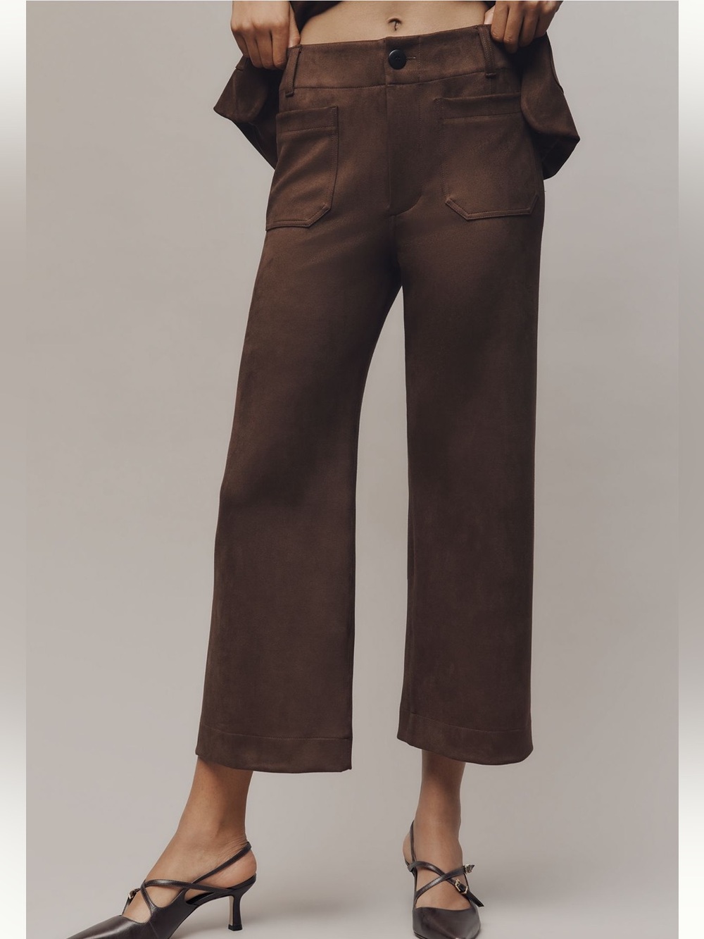 Anthropologie Colette Pants Maeve Cropped Wide-Leg High-Rise Suede Pants Brown